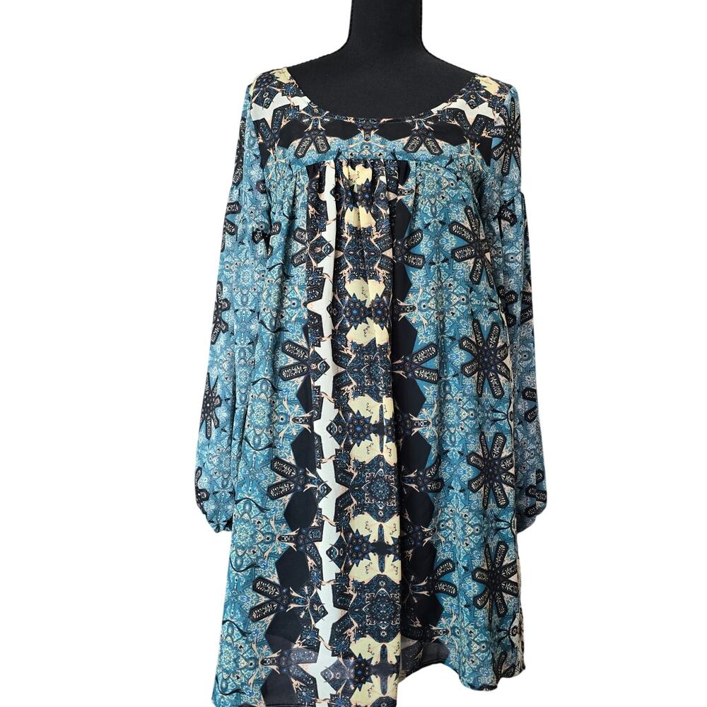 Free People Teal Blue Geometric Bohemian Tunic Dress Sz XS